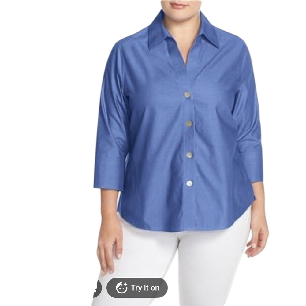 Jones New York NEW Non-Iron 3/4 Sleeve Button Down Shirt French Blue JSMMKA3001
